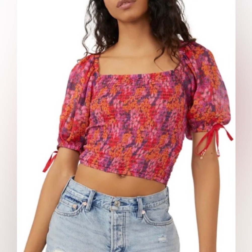 Free People Women's XS Back On Top Smocked Blouse Bohemian NEW